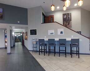 Hotel lobby seating area with upholstered chairs and sofas, large windows, coffee tables, and contemporary decor at Garner by IHG.