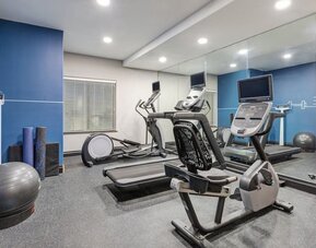 Hotel fitness center with treadmills, elliptical machines, stationary bike, exercise balls, and mirrored walls at Holiday Inn Express & Suites Granbury.