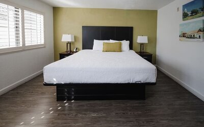 Bright king guest room with a large bed, white bedding, green accent wall, bedside tables, desk, and windows with natural light at Western Inn.