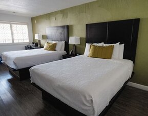 Guest room with two beds, white bedding, green accent wall, dark wood flooring, bedside lamps, and large windows at Western Inn.