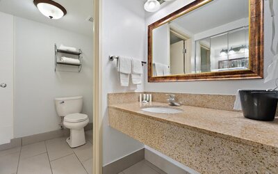 Guest bathroom featuring a beige granite vanity countertop, an inset sink, a large wood-framed mirror, white towels, a toilet, and tiled flooring at Chicago Club Inn & Suites.