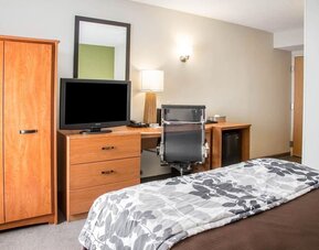 Sleep Inn guest room featuring a wooden dresser with flat-screen television, spacious work desk with black ergonomic office chair, large wall mirror, bedside lamp, wooden wardrobe, mini refrigerator, and a bed with brown bedding and a gray floral-patterne