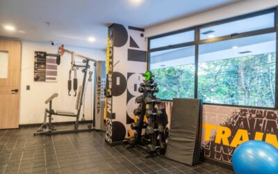 Fitness room with strength-training equipment, dumbbells, exercise mats, a stability ball, and large windows at Hotel Living 35 Suites.