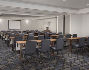 Meeting room arranged classroom-style with rows of tables, gray chairs, patterned carpet and a projection screen at Courtyard By Marriott Dothan.