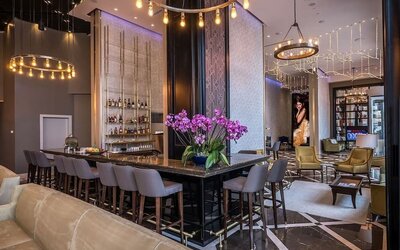 Hotel bar and lounge with a long counter, upholstered stools, purple orchids and gold pendant lighting at David Tower Hotel Netanya.