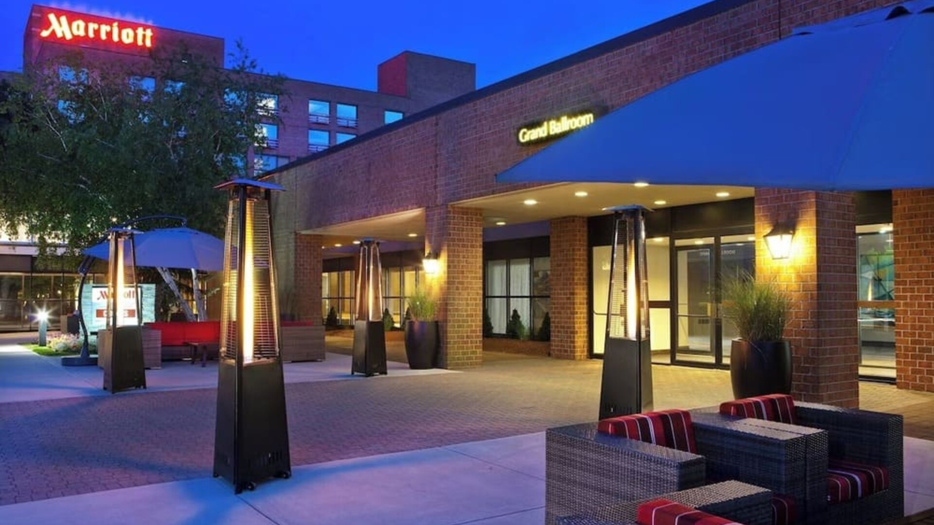 Hotel exterior at night at Boston Marriott Burlington.
