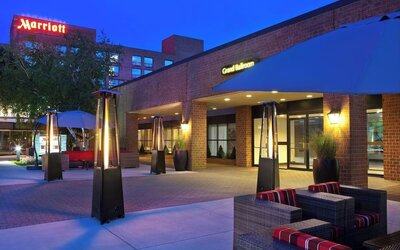 Hotel exterior at night at Boston Marriott Burlington.