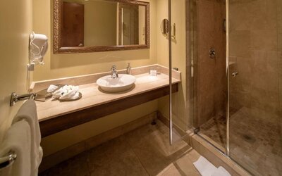 Private guest bathroom with shower and toiletries at Hotel Brossard.