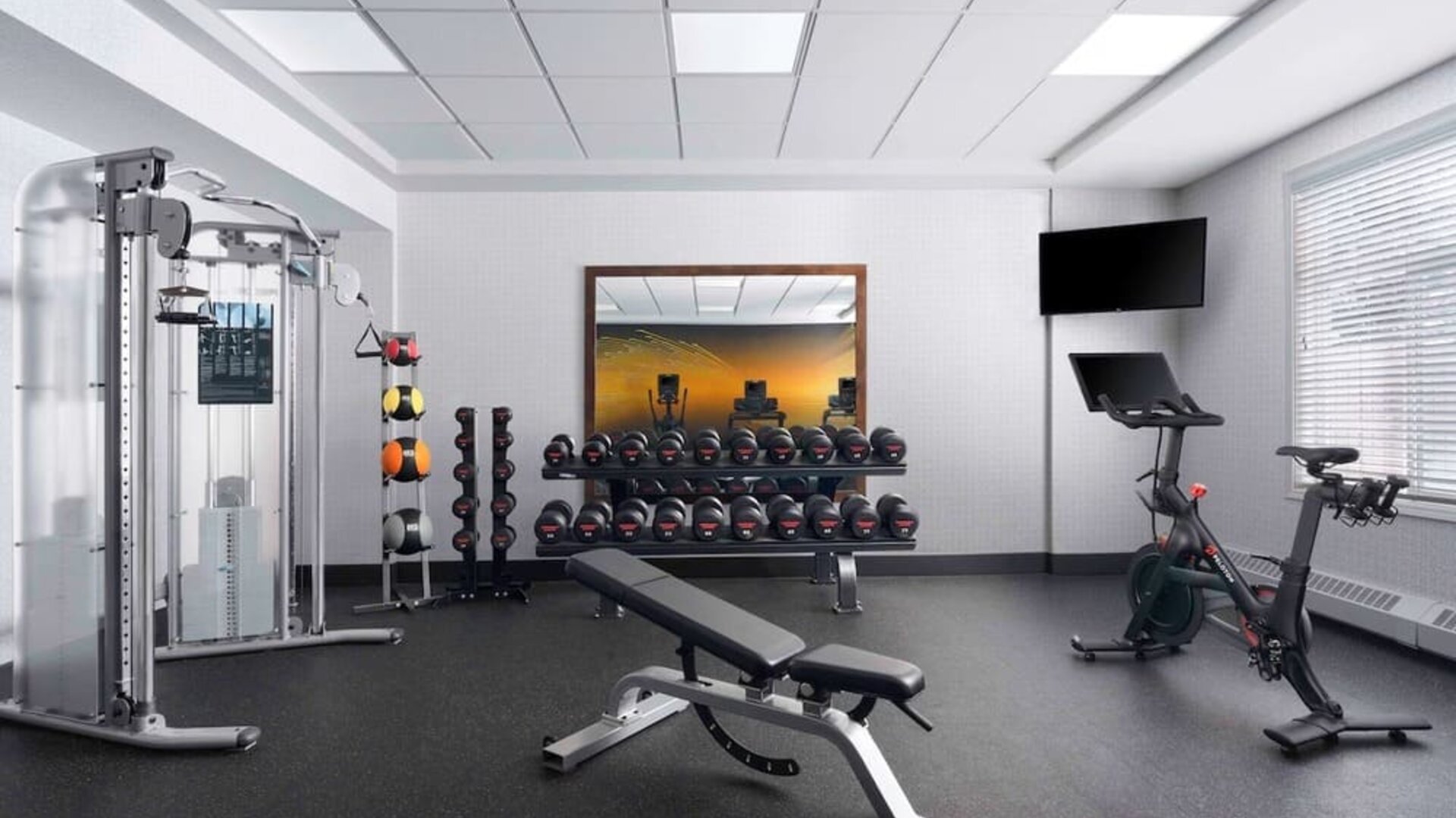 Fully equipped fitness center at Hilton Garden Inn Calgary Airport.