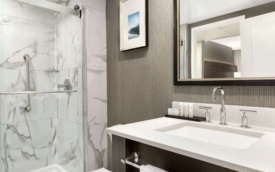 Private bathroom with shower at the Embassy Suites by Hilton Montreal Airport.