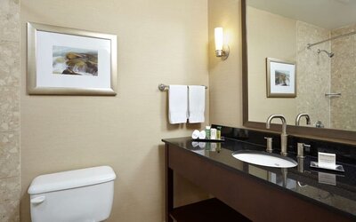 Private bathroom with shower and toiletries at the Hilton Saint John.