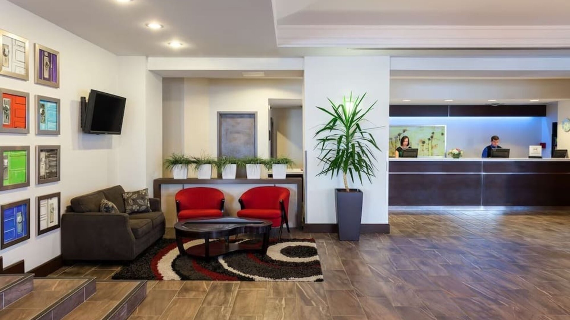 Hotel lobby with lounge area at the Hilton Saint John.