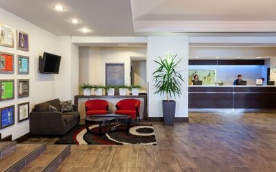 Hotel lobby with lounge area at the Hilton Saint John.