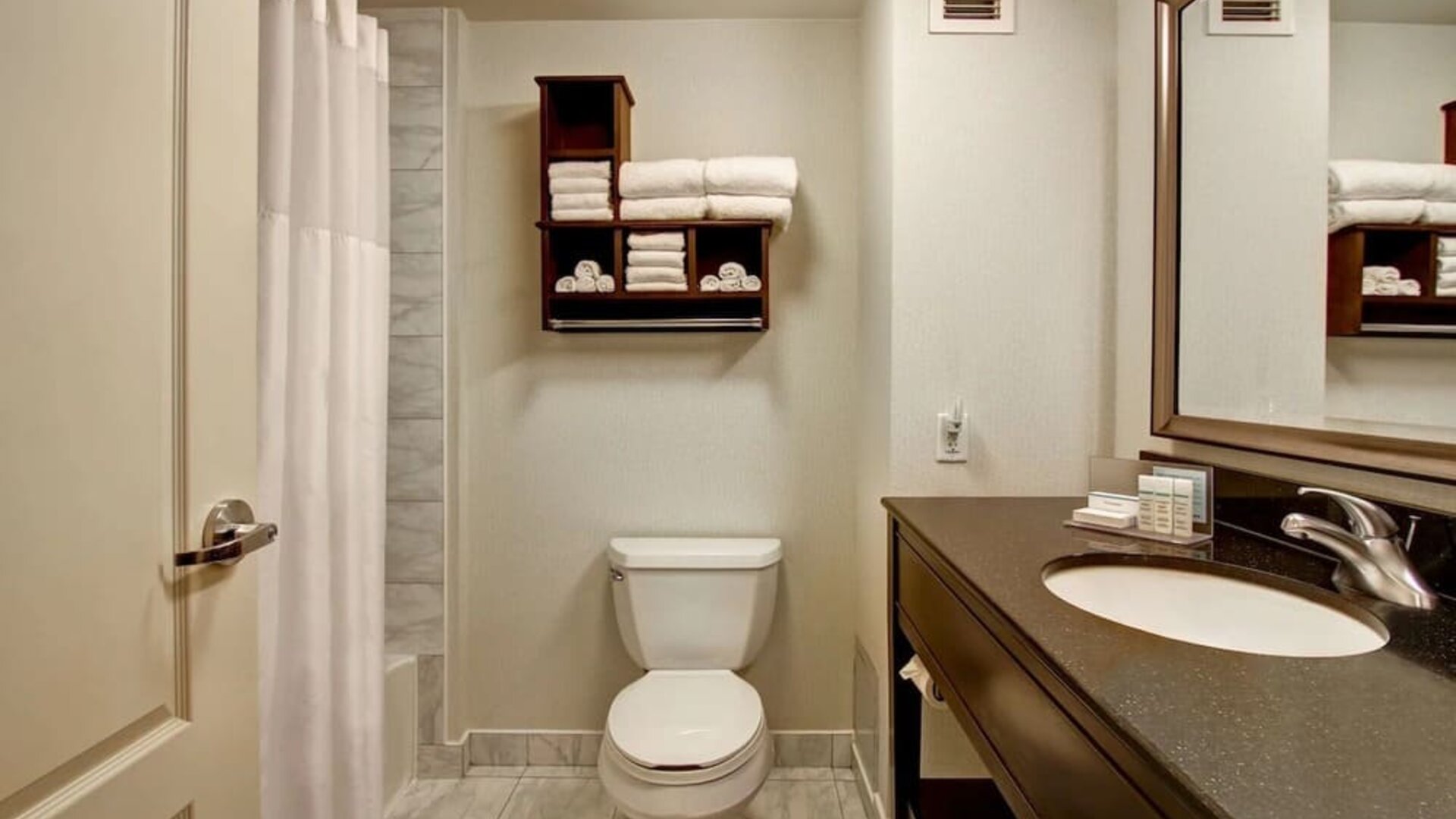Private guest bathroom with tub at Hampton Inn By Hilton Toronto Airport Corporate Centre.