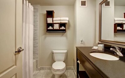 Private guest bathroom with tub at Hampton Inn By Hilton Toronto Airport Corporate Centre.