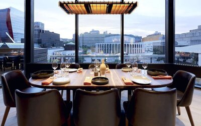Hotel restaurant with view at DoubleTree By Hilton Montreal.