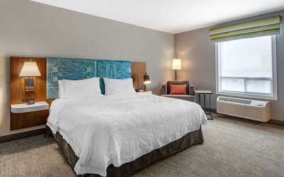Standard day use room withking bed, TV, sofa and private bathroom at Hampton Inn & Suites By Hilton Edmonton/West.