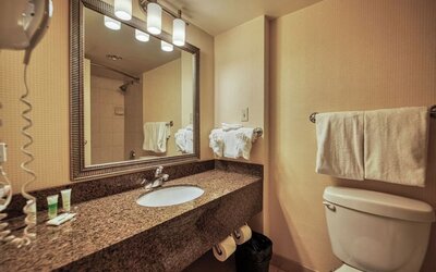 Private guest bathroom with shower and free toiletries at Amenida Residences.
