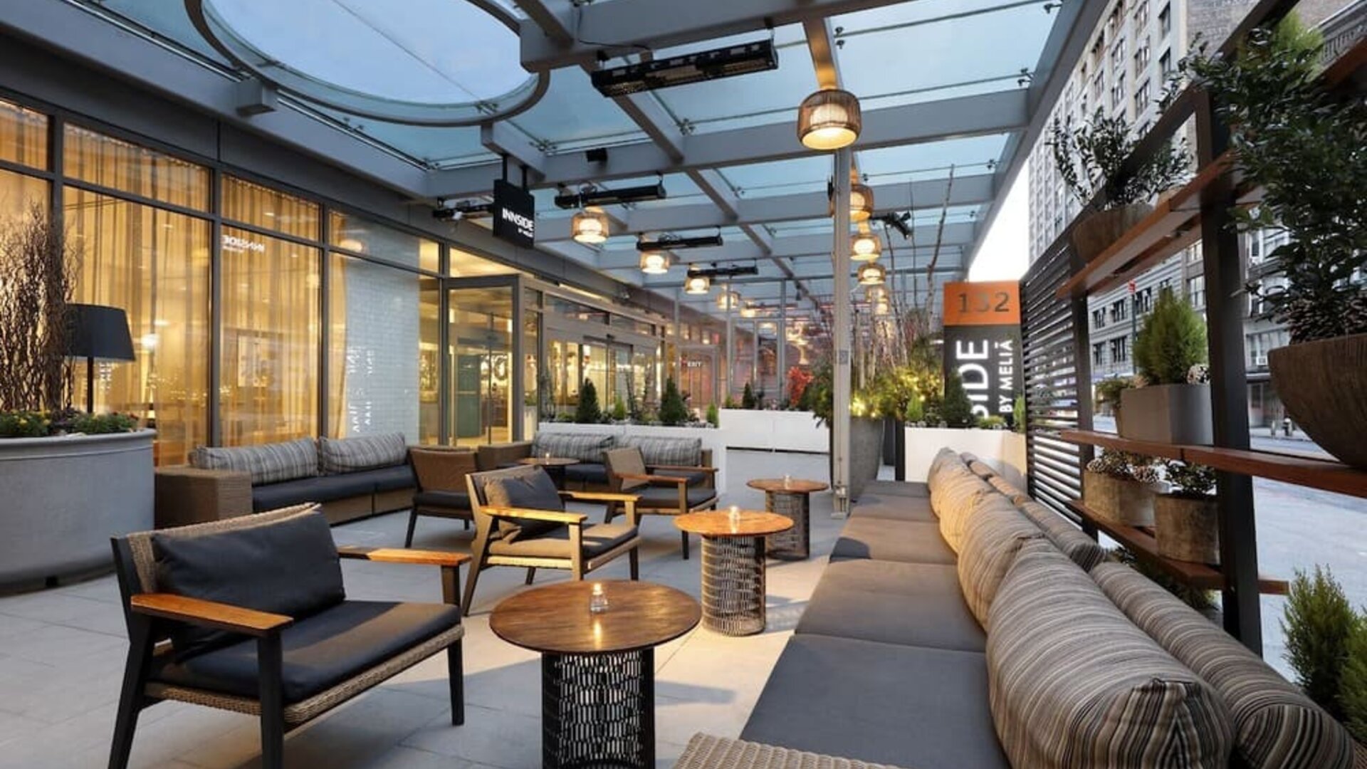 Veranda with ample seats at Innside By Melia New York Nomad.