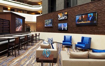 Lobby and coworking lounge at Embassy Suites By Hilton LAX Airport North.