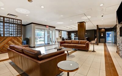 Hotel lobby with lounge seating at Four Points By Sheraton Toronto Mississauga.