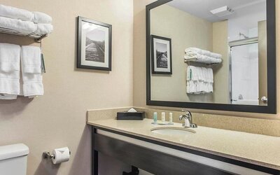 Guest bathroom with shower and free toiletries at Quality Inn & Suites Kingston.