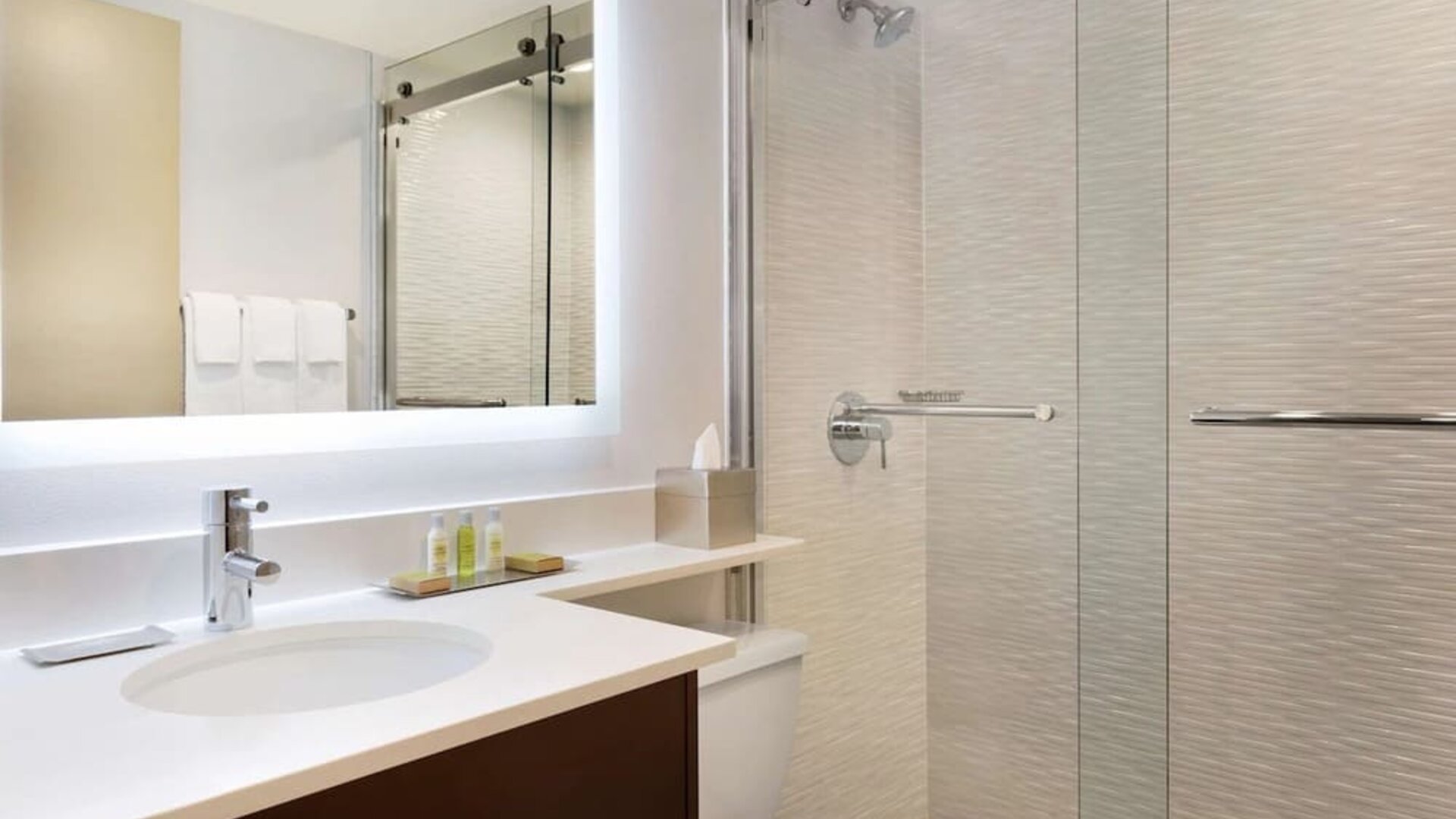 Private guest bathroom with shower and free toiletries at DoubleTree By Hilton Hotel Toronto Airport West.