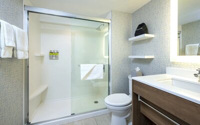 Guest bathroom with shower and free toiletries at Holiday Inn Express Toronto Downtown.
