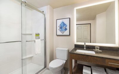 Guest bathroom with shower at Candlewood Suites Boise.