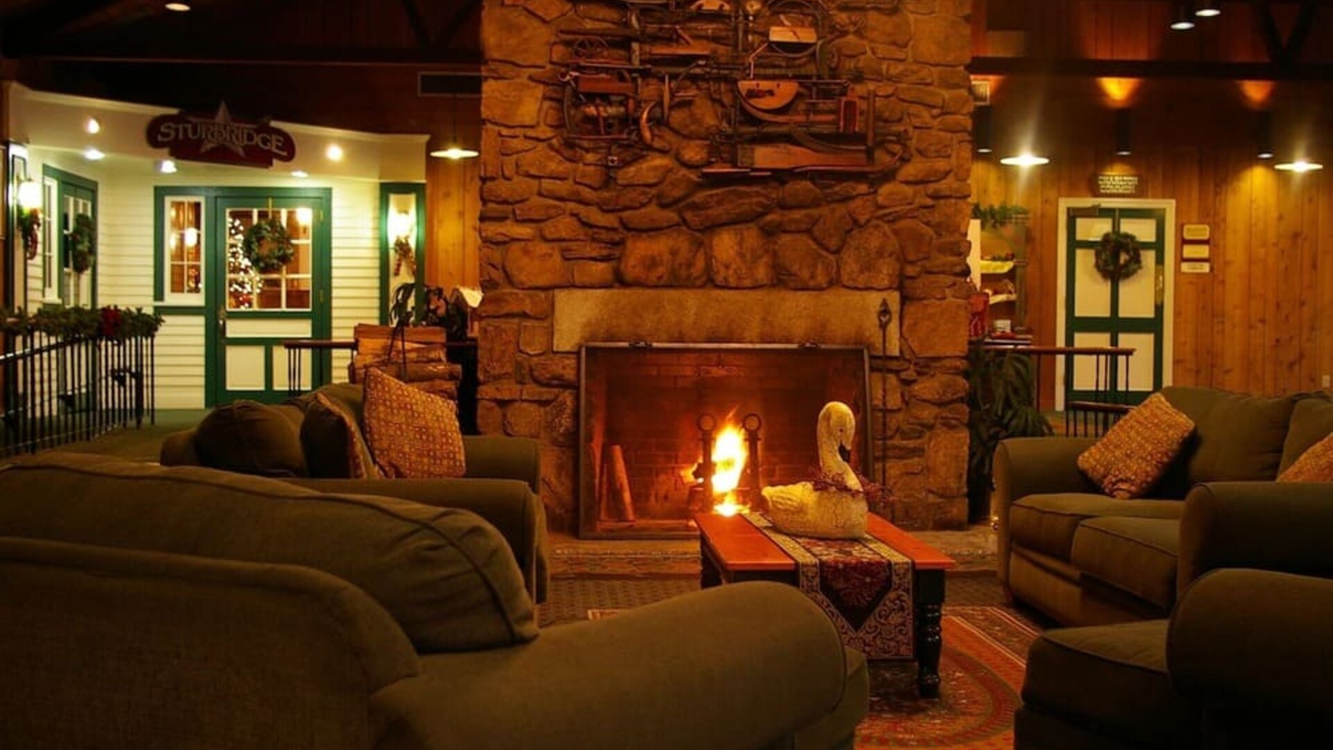 Lobby and coworking lounge at Sturbridge Host Hotel.