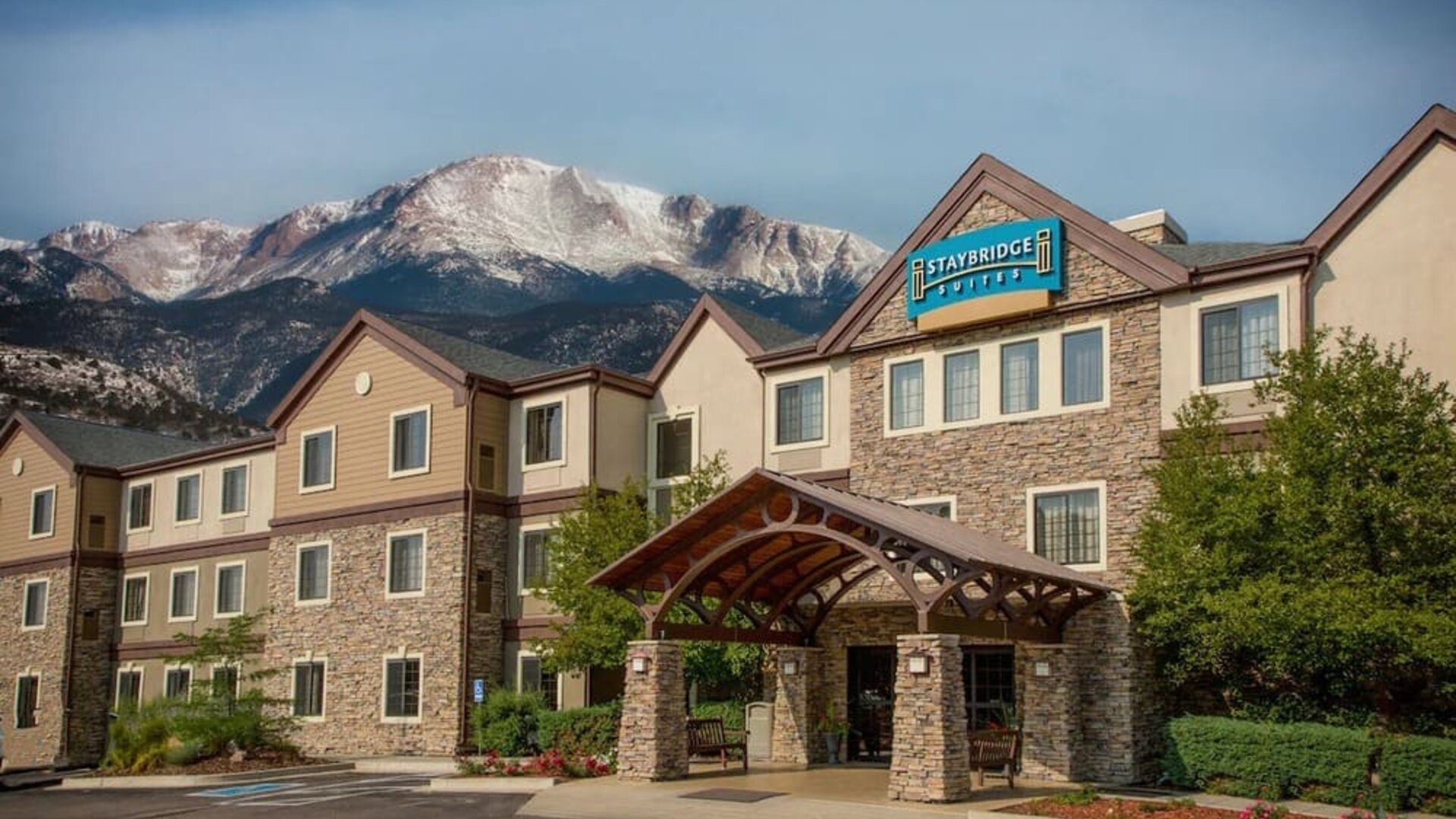 Hotel exterior at Staybridge Suites.
