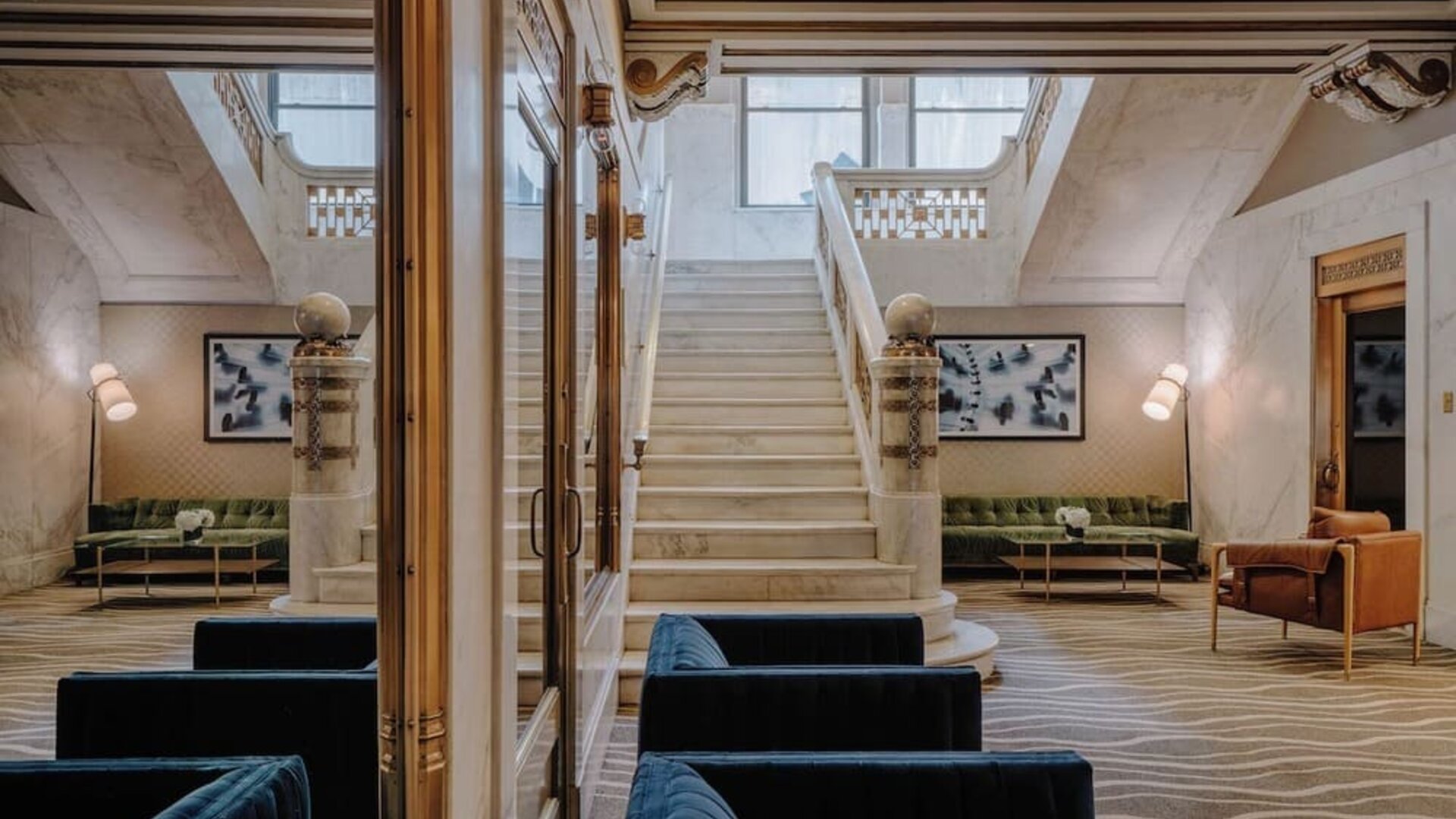 Lobby and coworking lounge at Club Quarters Hotel Wacker At Michigan.