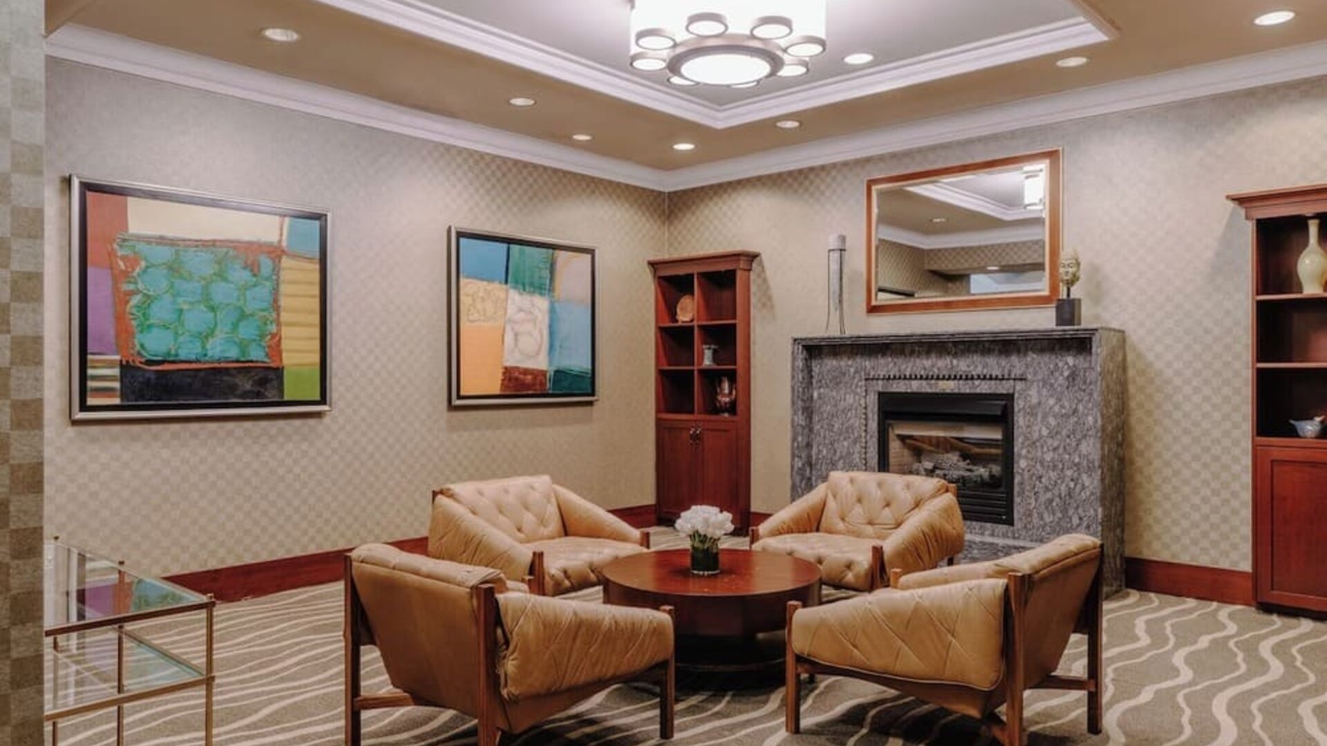 Lobby and coworking lounge at Club Quarters Hotel Wacker At Michigan.