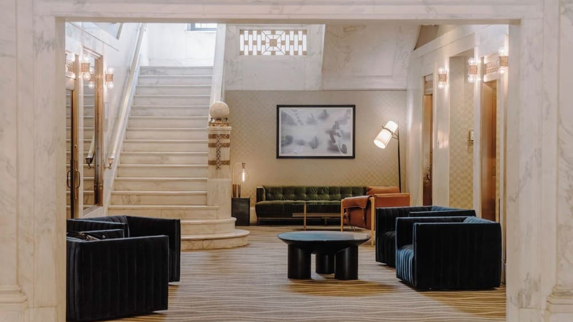 Lobby and coworking lounge at Club Quarters Hotel Wacker At Michigan.