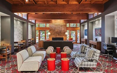 Lobby and coworking lounge at Four Points By Sheraton Salt Lake City Airport.