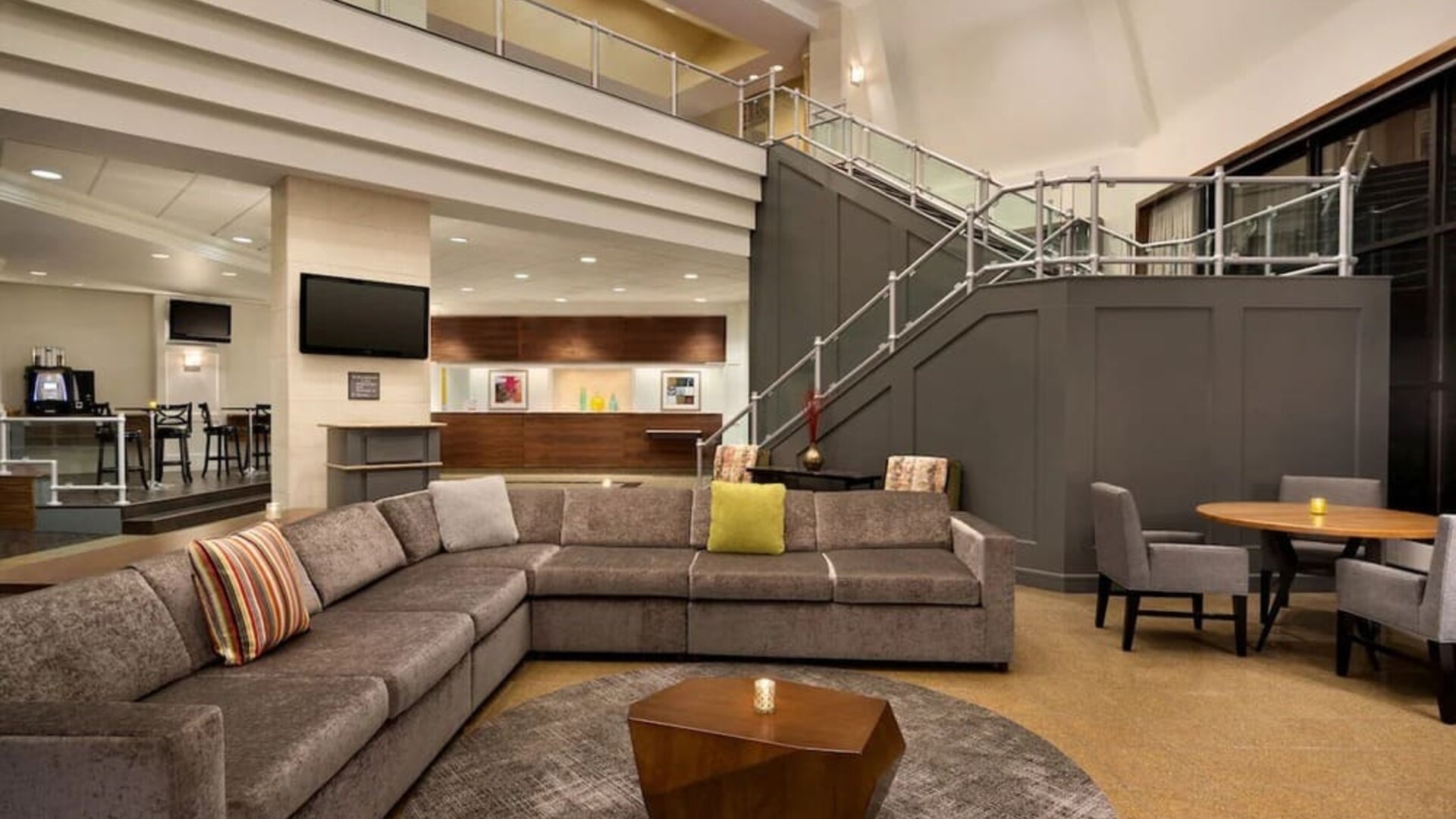 Lobby and coworking lounge at Crowne Plaza Englewood.