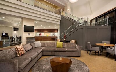 Lobby and coworking lounge at Crowne Plaza Englewood.