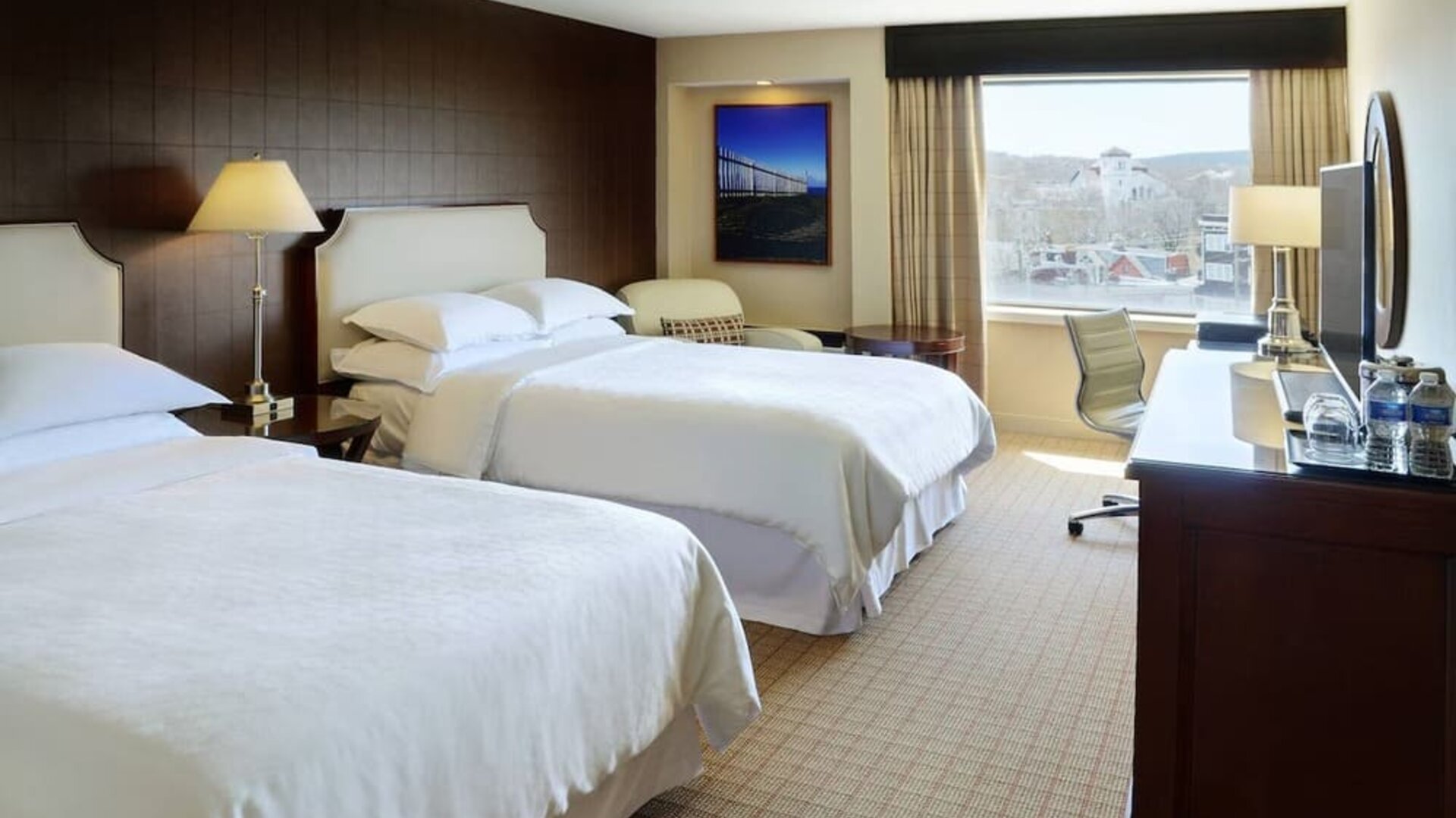 Bright day use twin room with work desk at Sheraton Hotel Newfoundland.