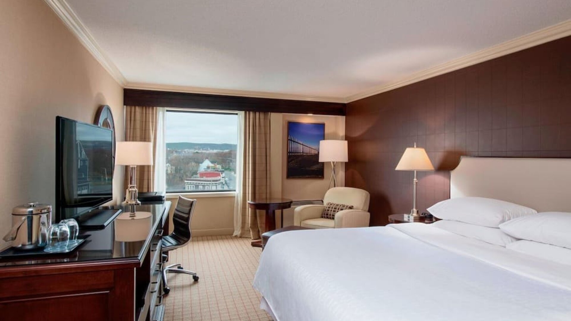 Day use room with work desk and sofa at Sheraton Hotel Newfoundland.