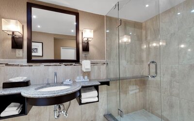 Guest bathroom with shower at Holiday Inn Peterborough-Waterfront.
