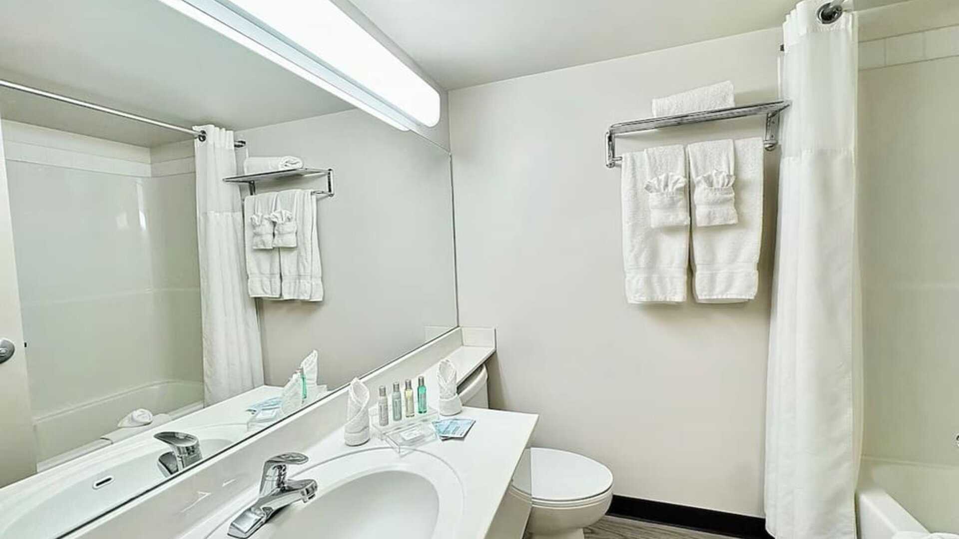 Guest bathroom with shower and tub at Divya Sutra Plaza & Conference Centre.