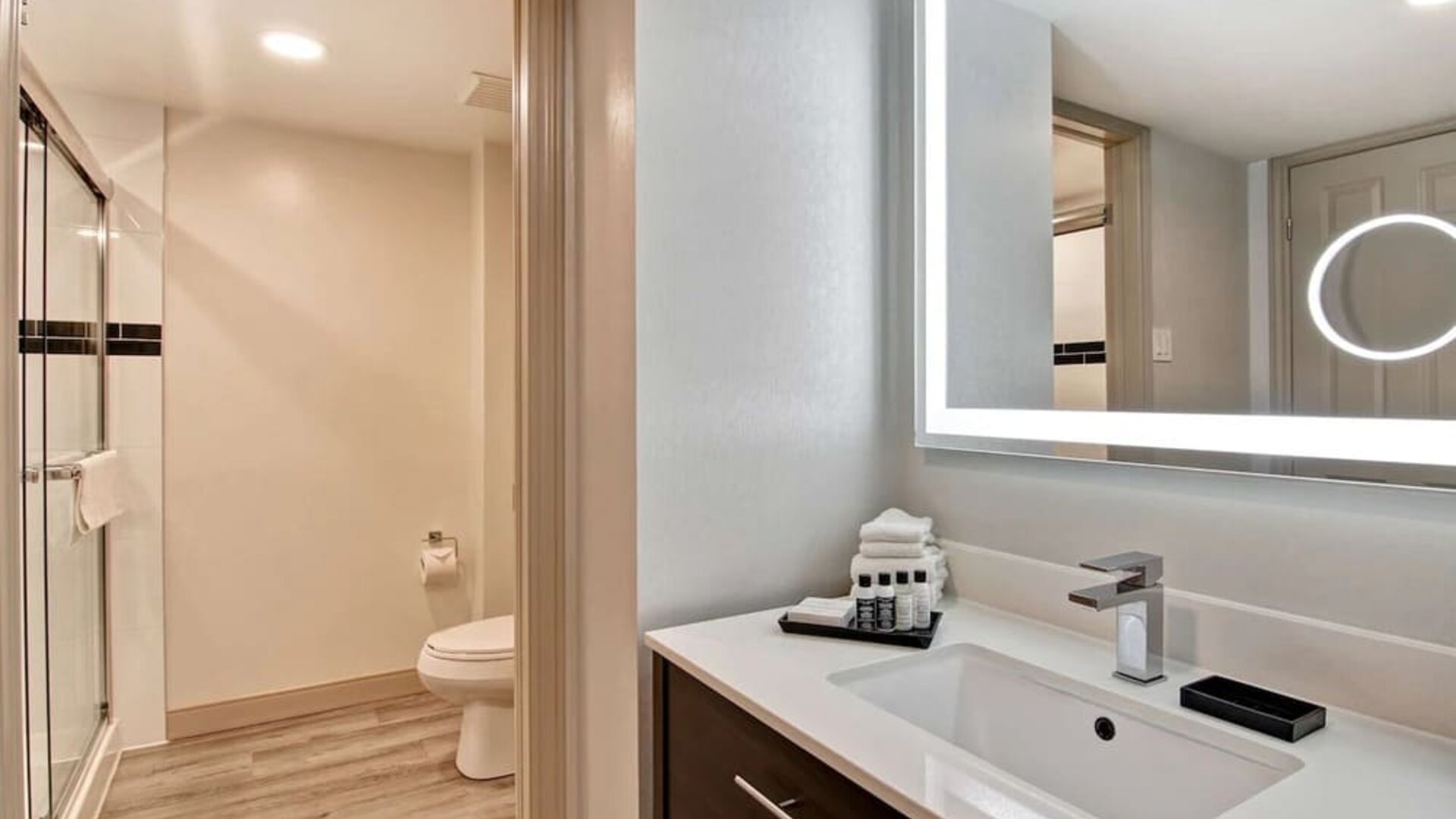 Guest bathroom with shower and free toiletries at The Park Hotel London.