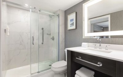 Guest bathroom with shower and free toiletries at Embassy Suites By Hilton Toronto Airport.