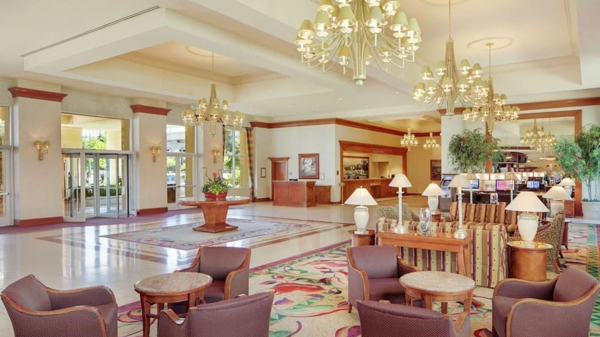 Lobby and coworking lounge at Hilton Seattle Airport & Conference Center.