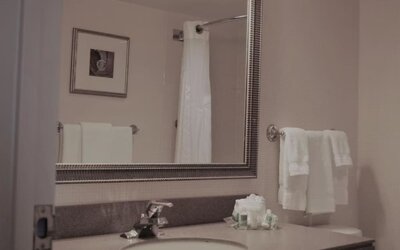 Guest bathroom with shower and free toiletries at Holiday Inn Laval Montreal.