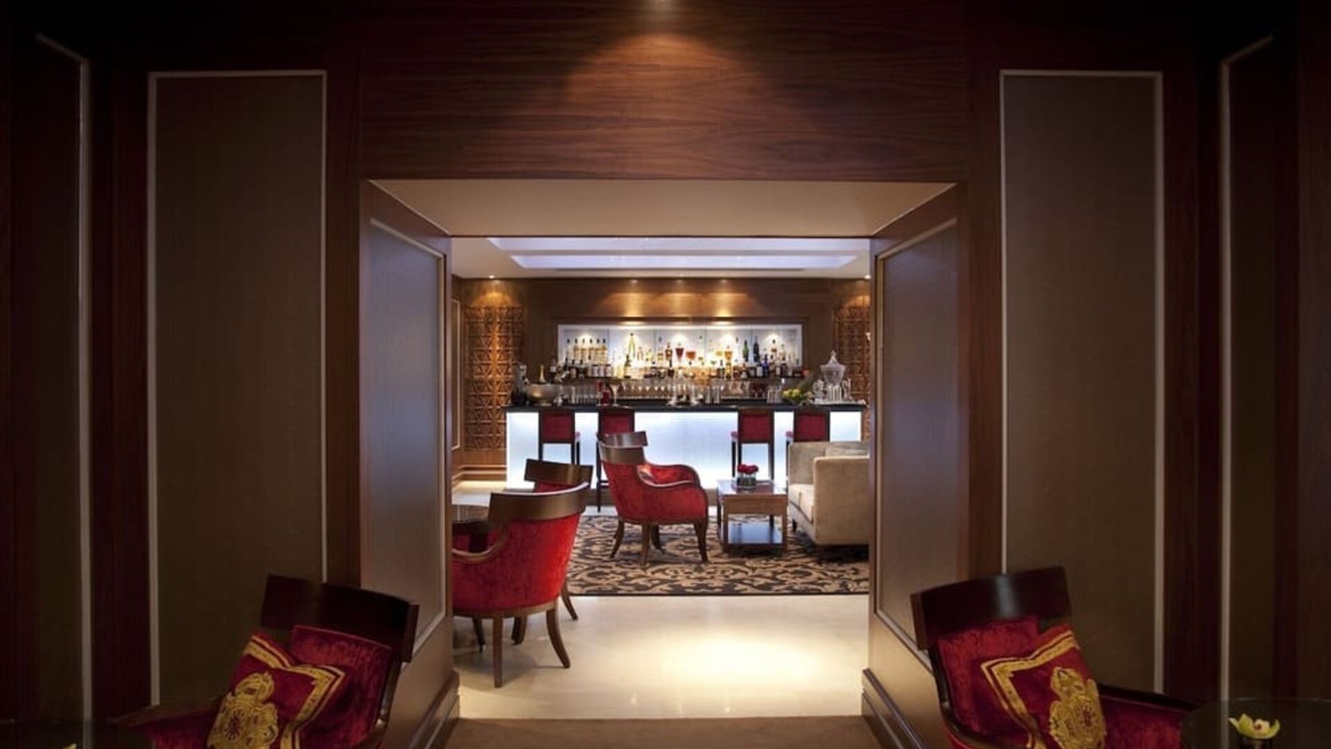Hotel bar with lounge seating at The Royal Horseguards Hotel.