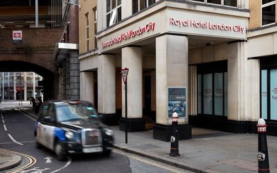 Hotel entrance at Leonardo Royal Hotel London City.