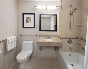 Guest bathroom with shower and tub at Hilton Garden Inn Queens/JFK Airport.