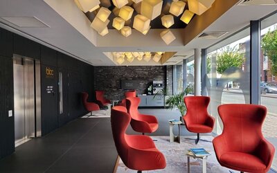 Lobby lounge perfect for co-working at Bloc Hotel Birmingham.