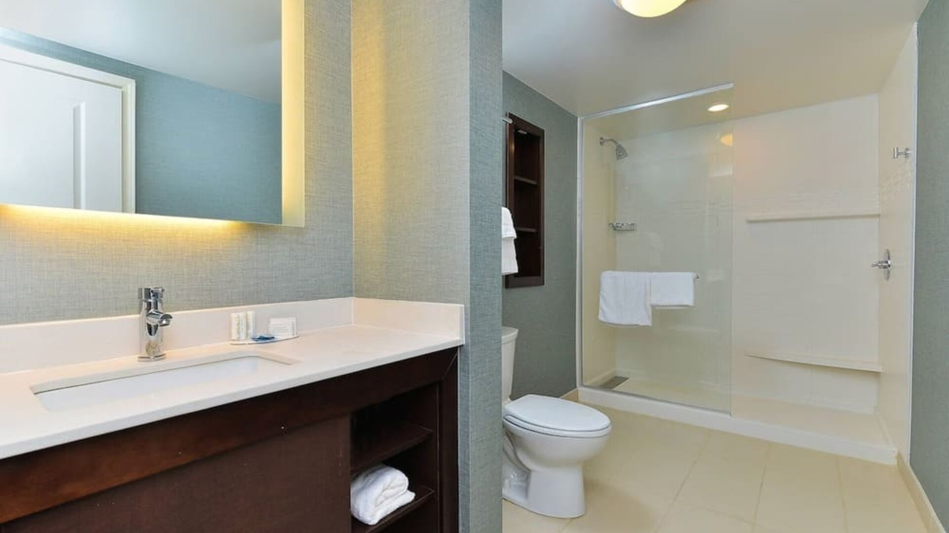 Guest bathroom with shower at Residence Inn Champaign.